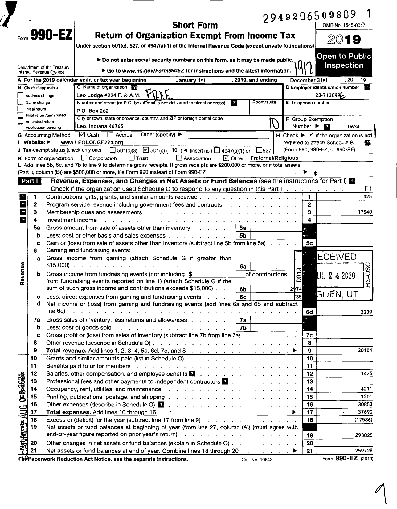 Image of first page of 2019 Form 990EO for Free & Accepted Masons of Indiana - 224 Leo Lodge