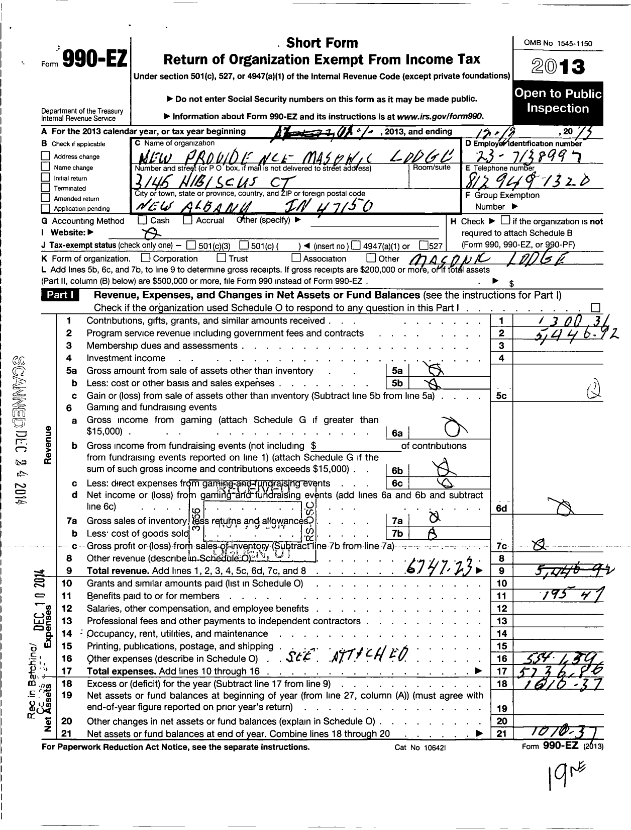 Image of first page of 2013 Form 990EO for Free & Accepted Masons of Indiana - 237 New Providence Lodge