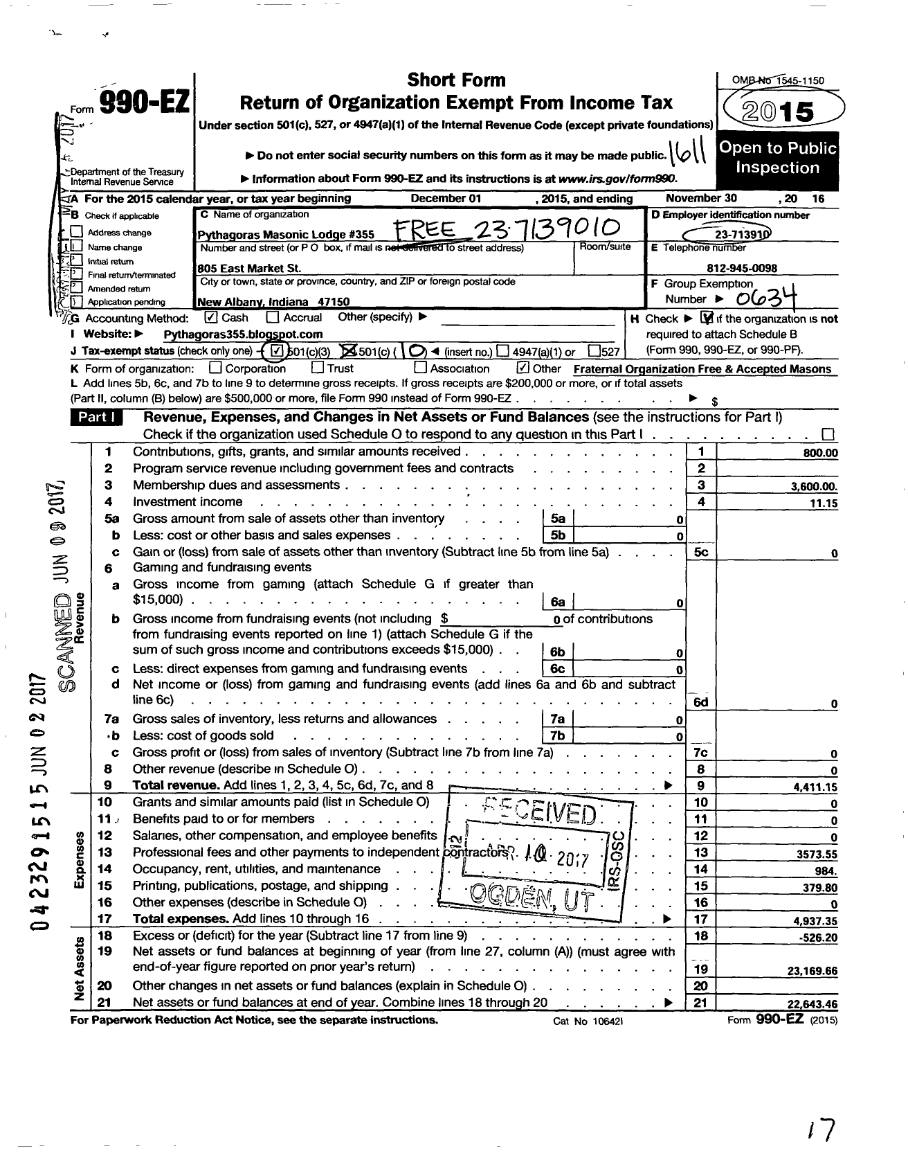 Image of first page of 2015 Form 990EO for Free & Accepted Masons of Indiana - 355 Pythagoras Lodge