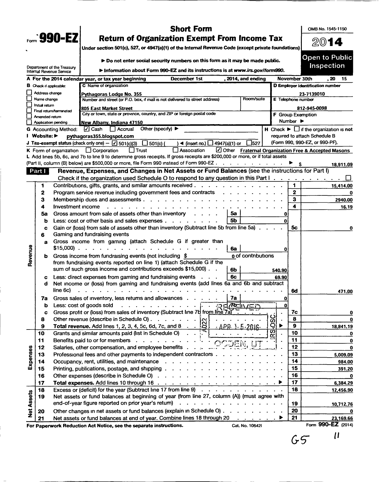 Image of first page of 2014 Form 990EZ for Free & Accepted Masons of Indiana - 355 Pythagoras Lodge