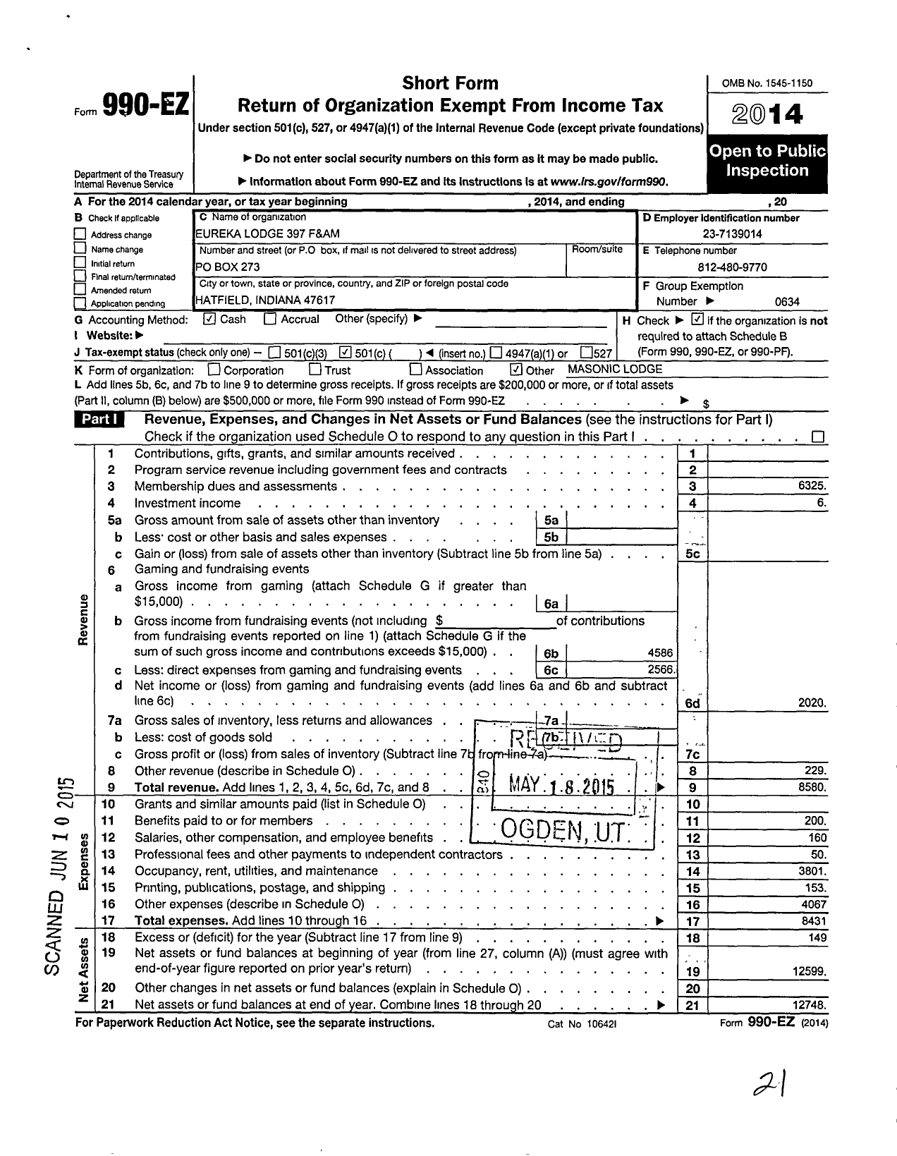 Image of first page of 2014 Form 990EO for Free & Accepted Masons of Indiana - 397 Eureka Lodge