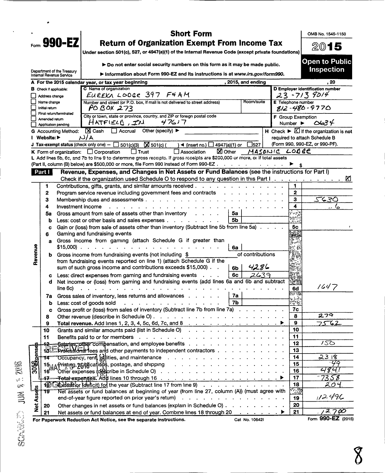 Image of first page of 2015 Form 990EO for Free & Accepted Masons of Indiana - 397 Eureka Lodge