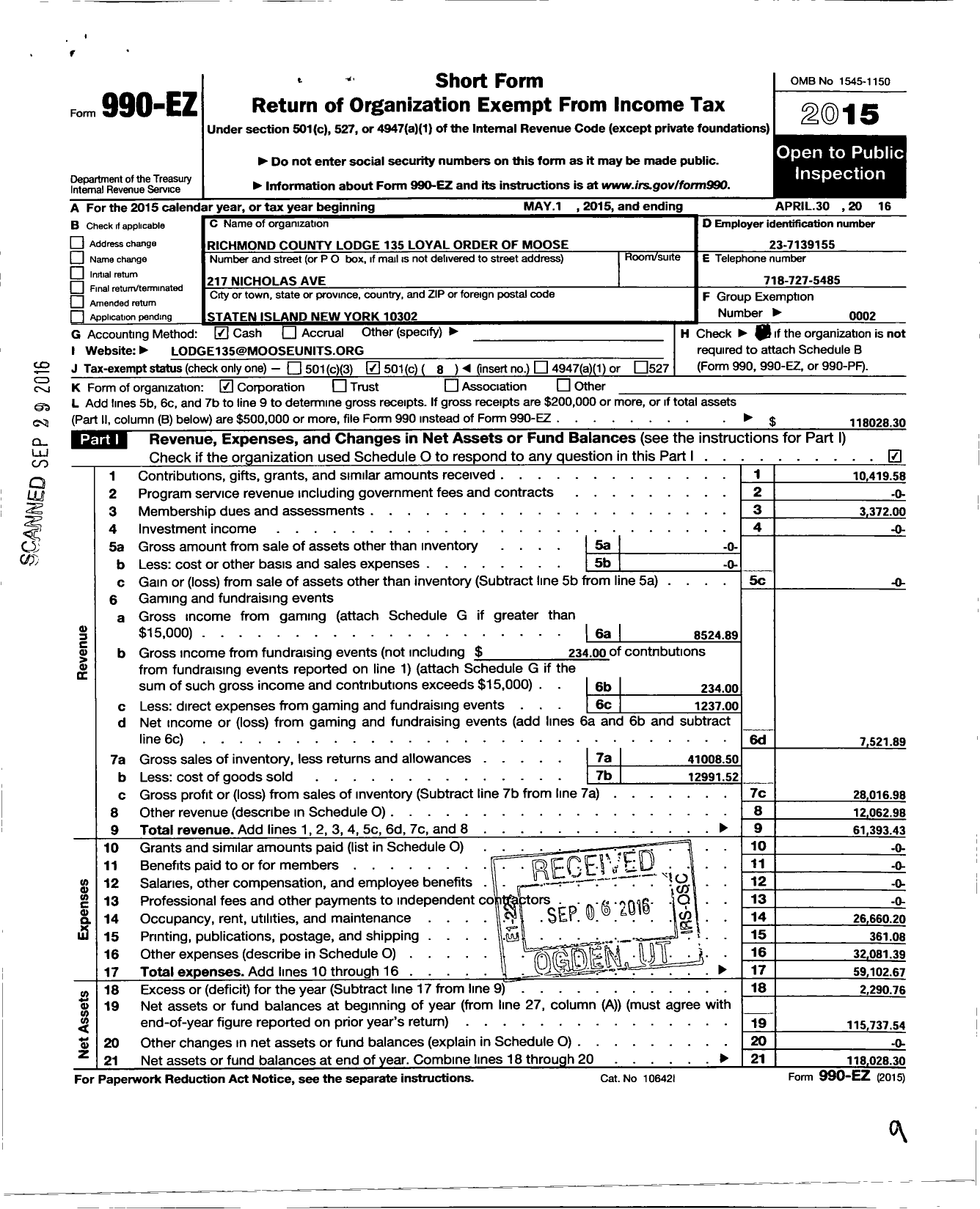 Image of first page of 2015 Form 990EO for Loyal Order of Moose - 135