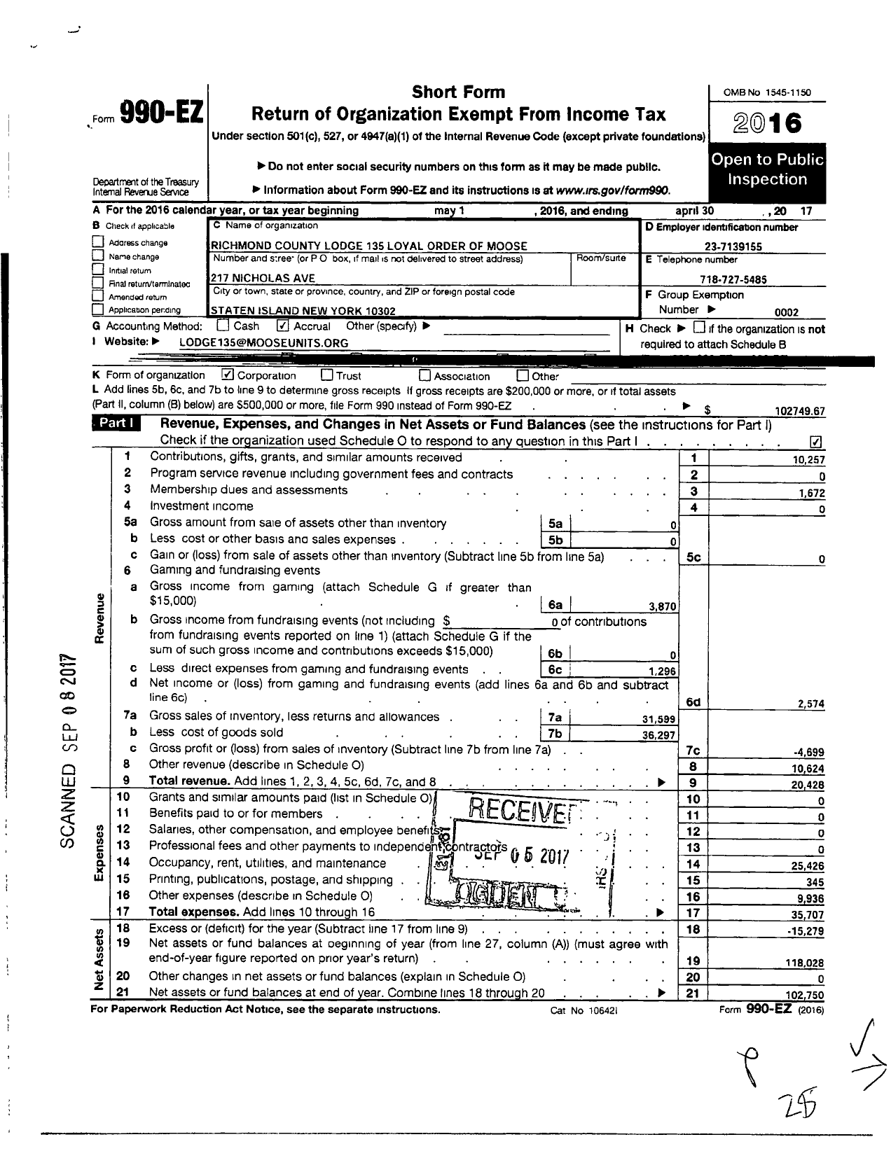 Image of first page of 2016 Form 990EO for Loyal Order of Moose - 135