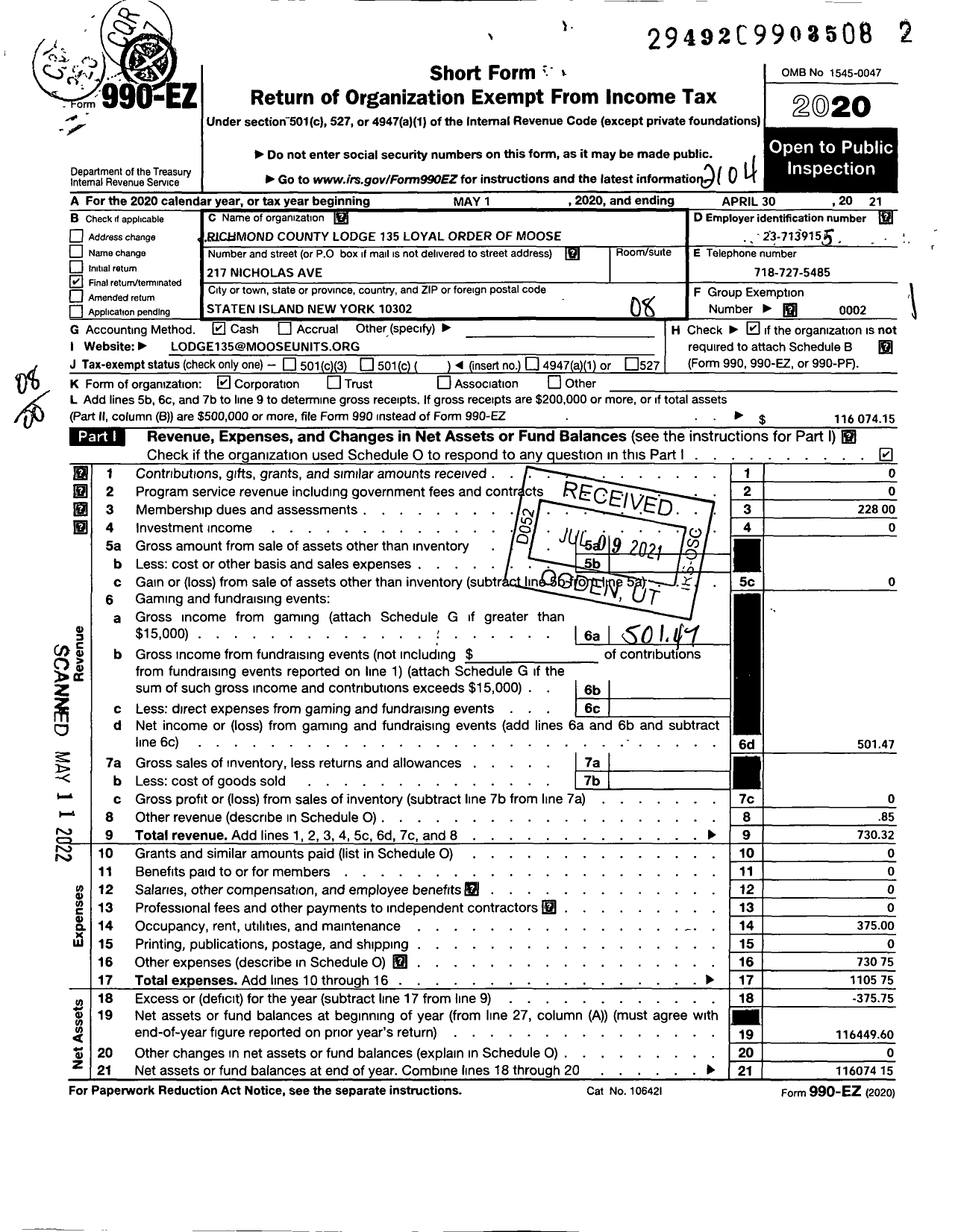 Image of first page of 2020 Form 990EO for Loyal Order of Moose - 135