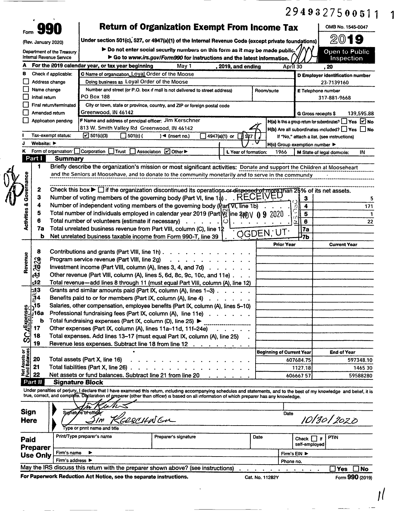 Image of first page of 2019 Form 990O for Loyal Order of Moose - 2079