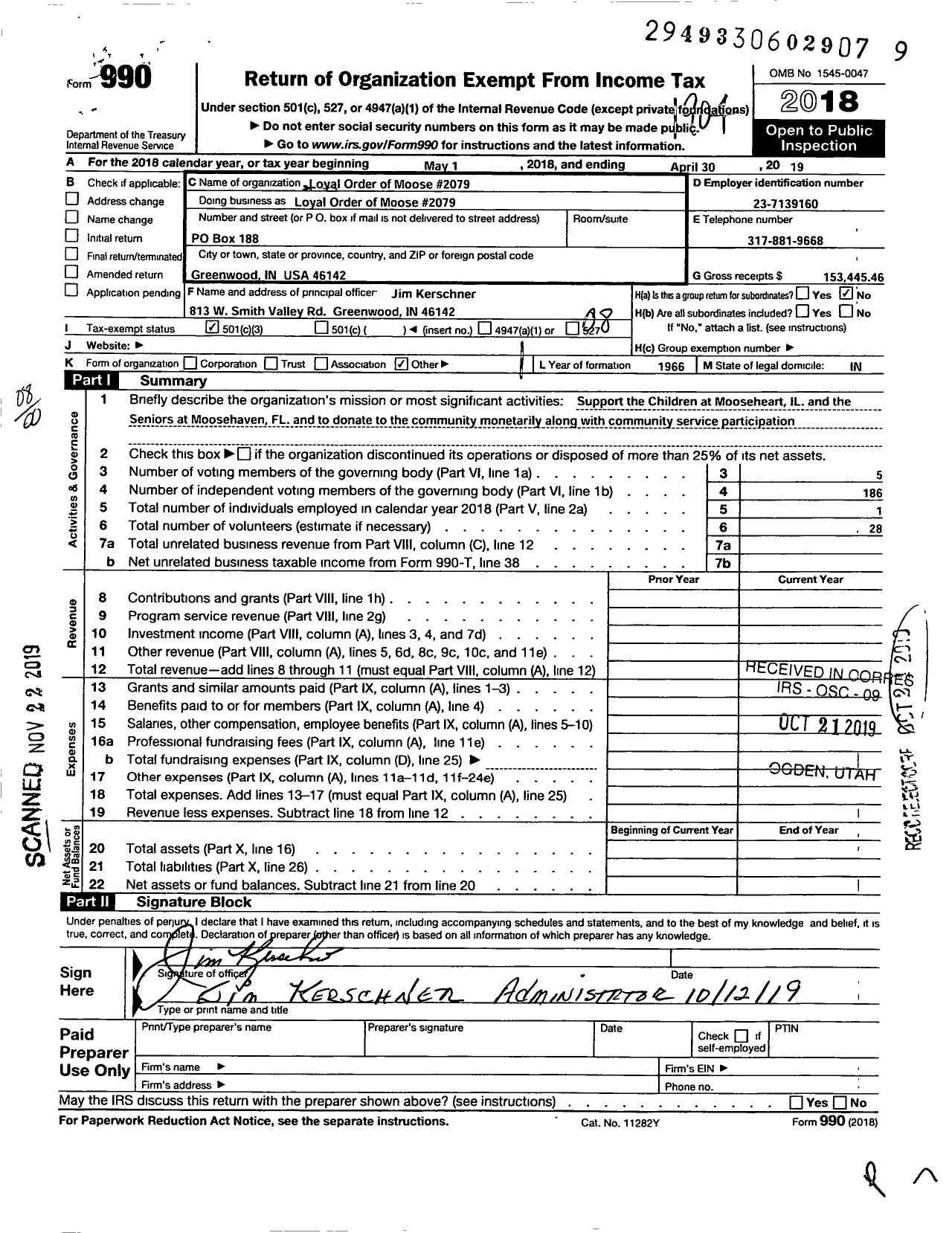 Image of first page of 2018 Form 990O for Loyal Order of Moose - 2079