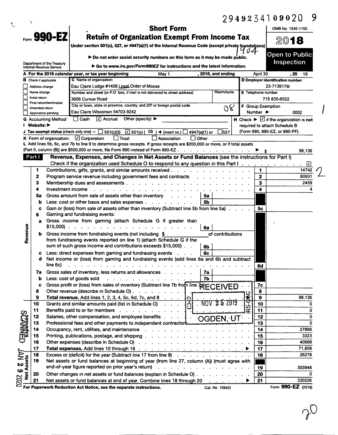 Image of first page of 2018 Form 990EO for Loyal Order of Moose - Moose Lodge 1408