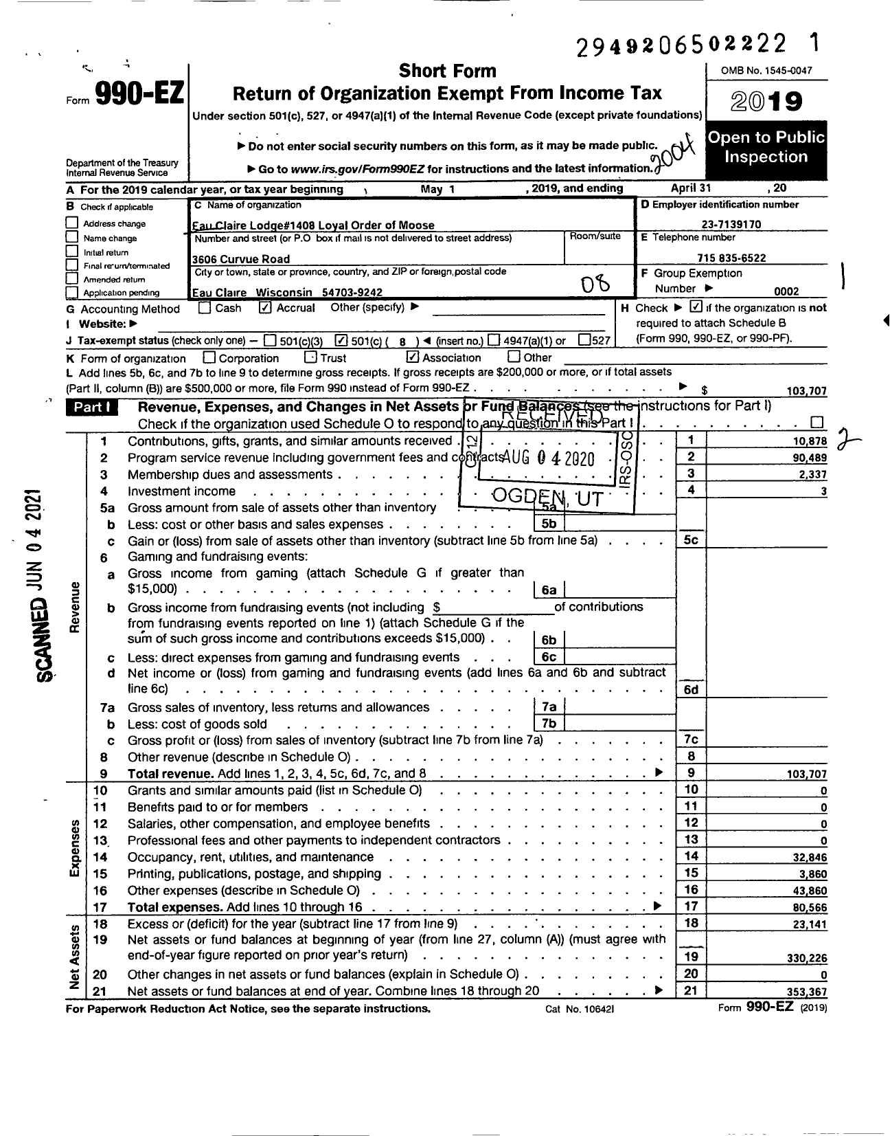 Image of first page of 2019 Form 990EO for Loyal Order of Moose - Moose Lodge 1408