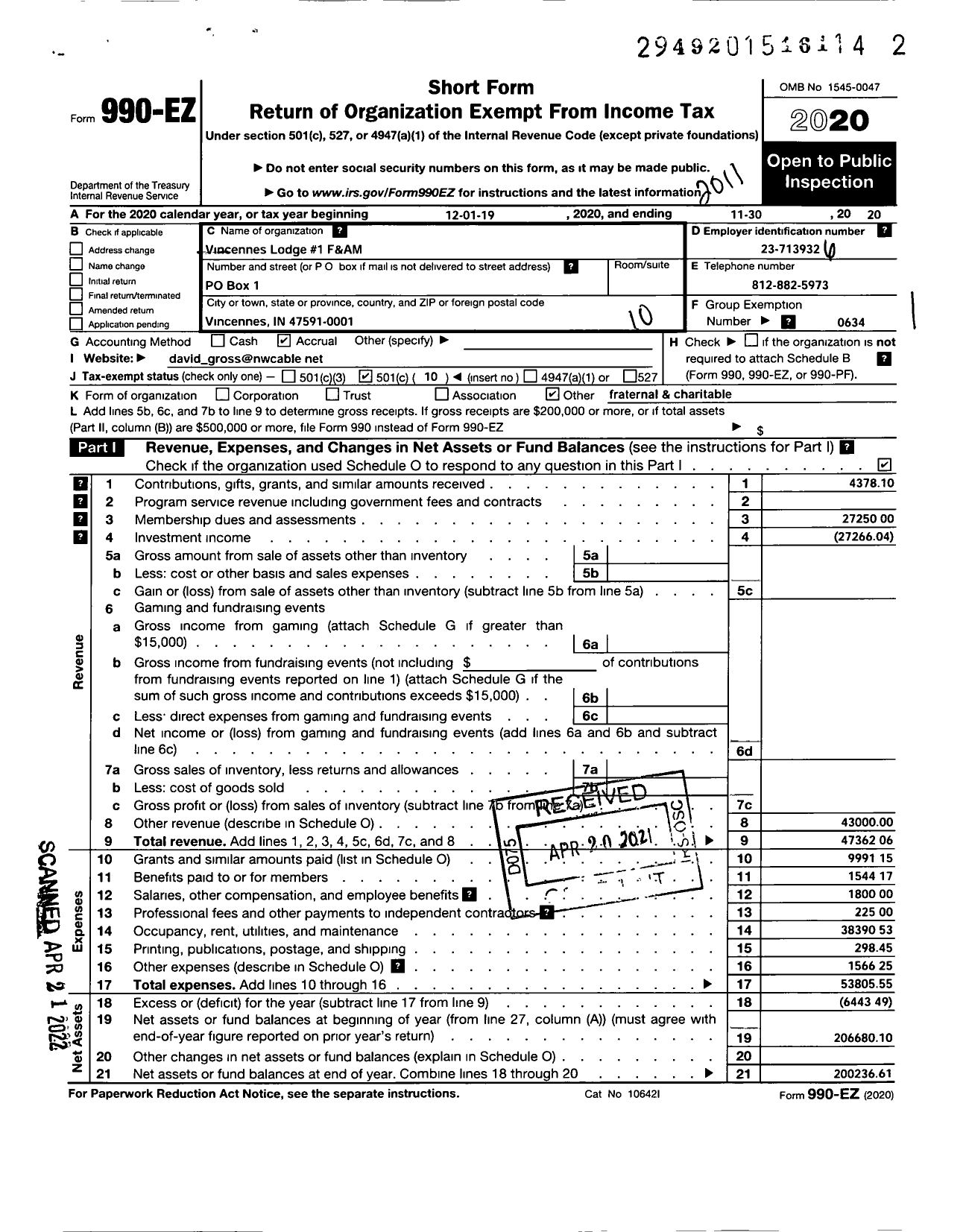 Image of first page of 2019 Form 990EO for Free & Accepted Masons of Indiana - Free & Accepted Masons of Indiana 1 Vincenens Lodge