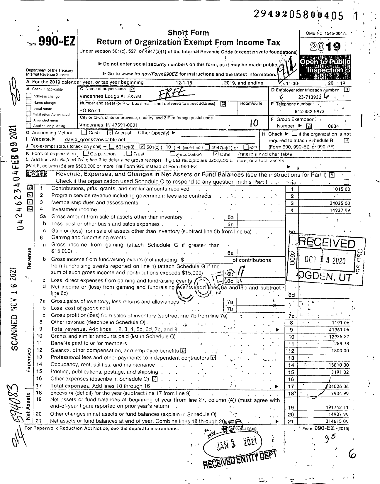 Image of first page of 2019 Form 990EO for Free & Accepted Masons of Indiana - Free & Accepted Masons of Indiana 1 Vincenens Lodge