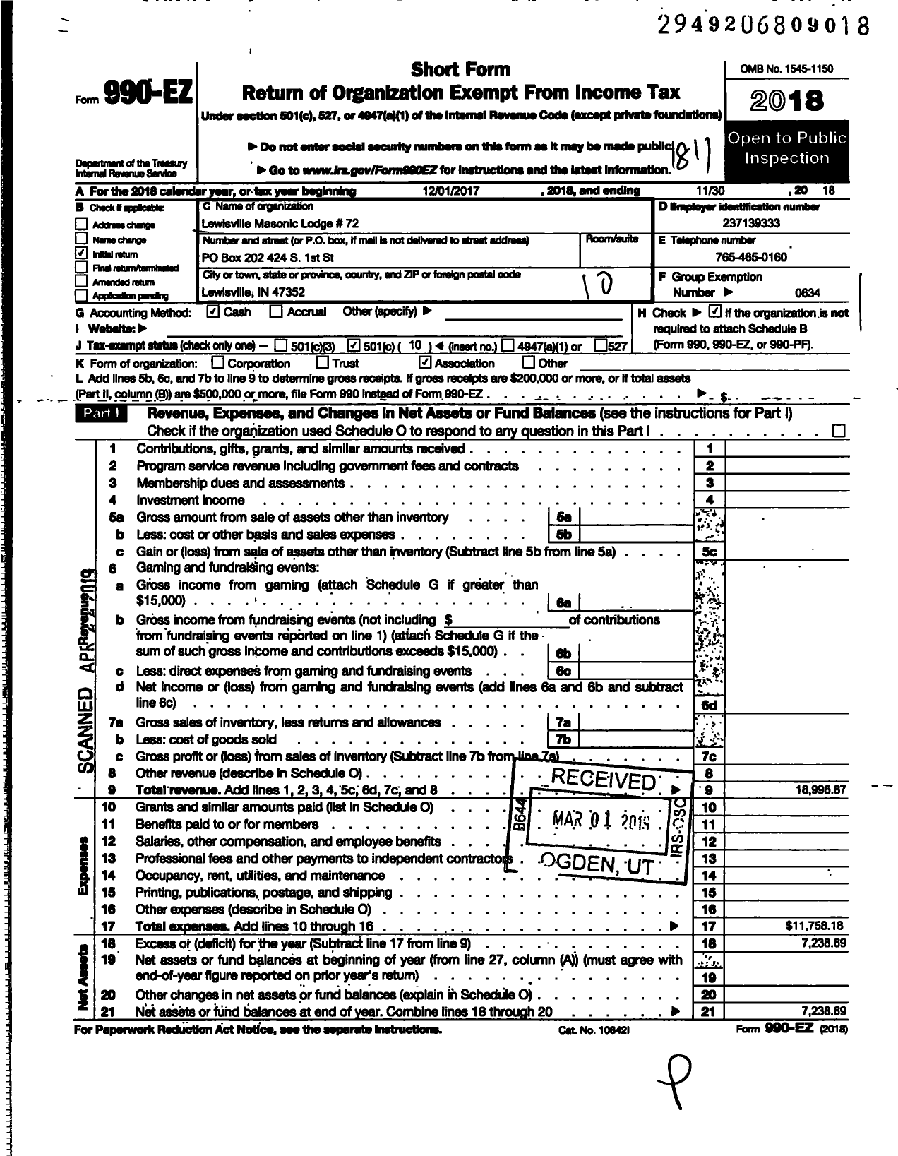 Image of first page of 2017 Form 990EO for Free & Accepted Masons of Indiana - 72 Lewisville Lodge