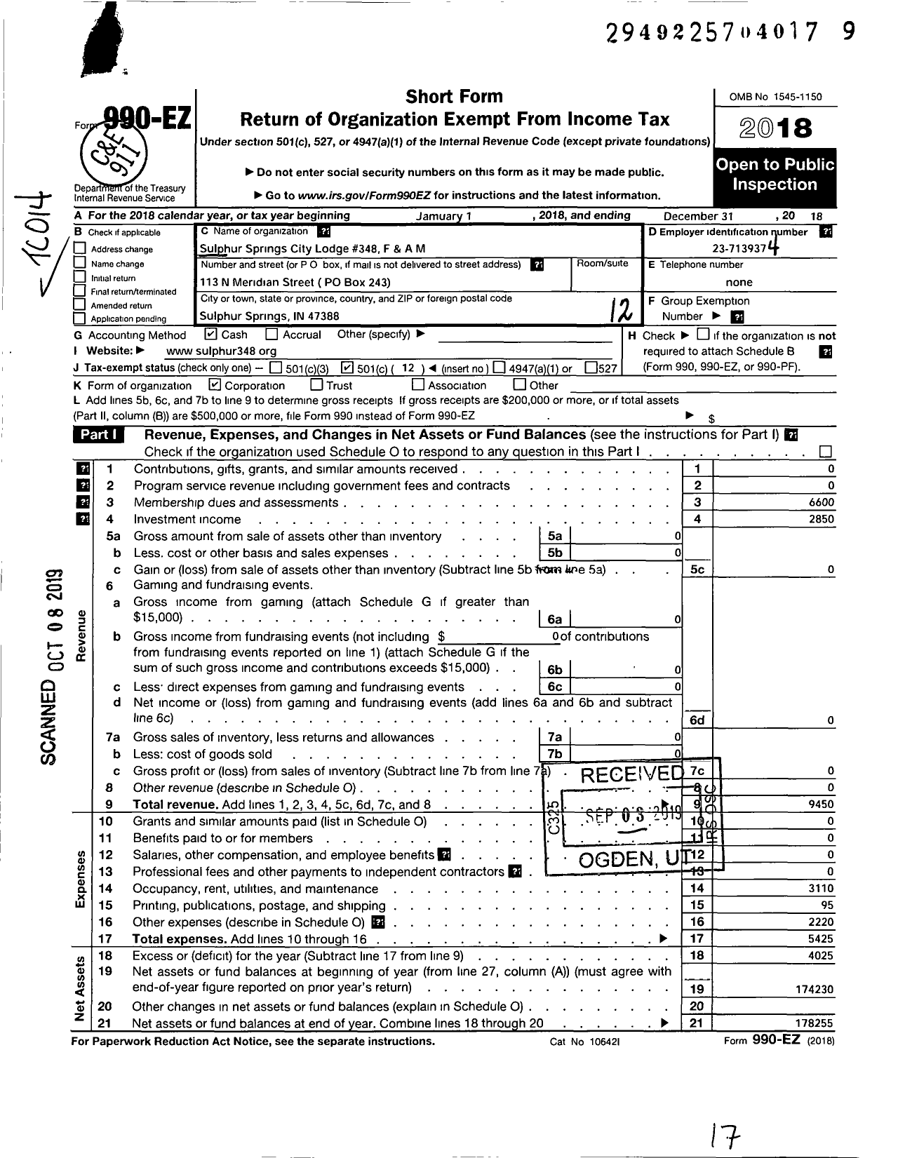 Image of first page of 2018 Form 990EO for Free & Accepted Masons of Indiana - 348 Sulphur SPGS City Lodge