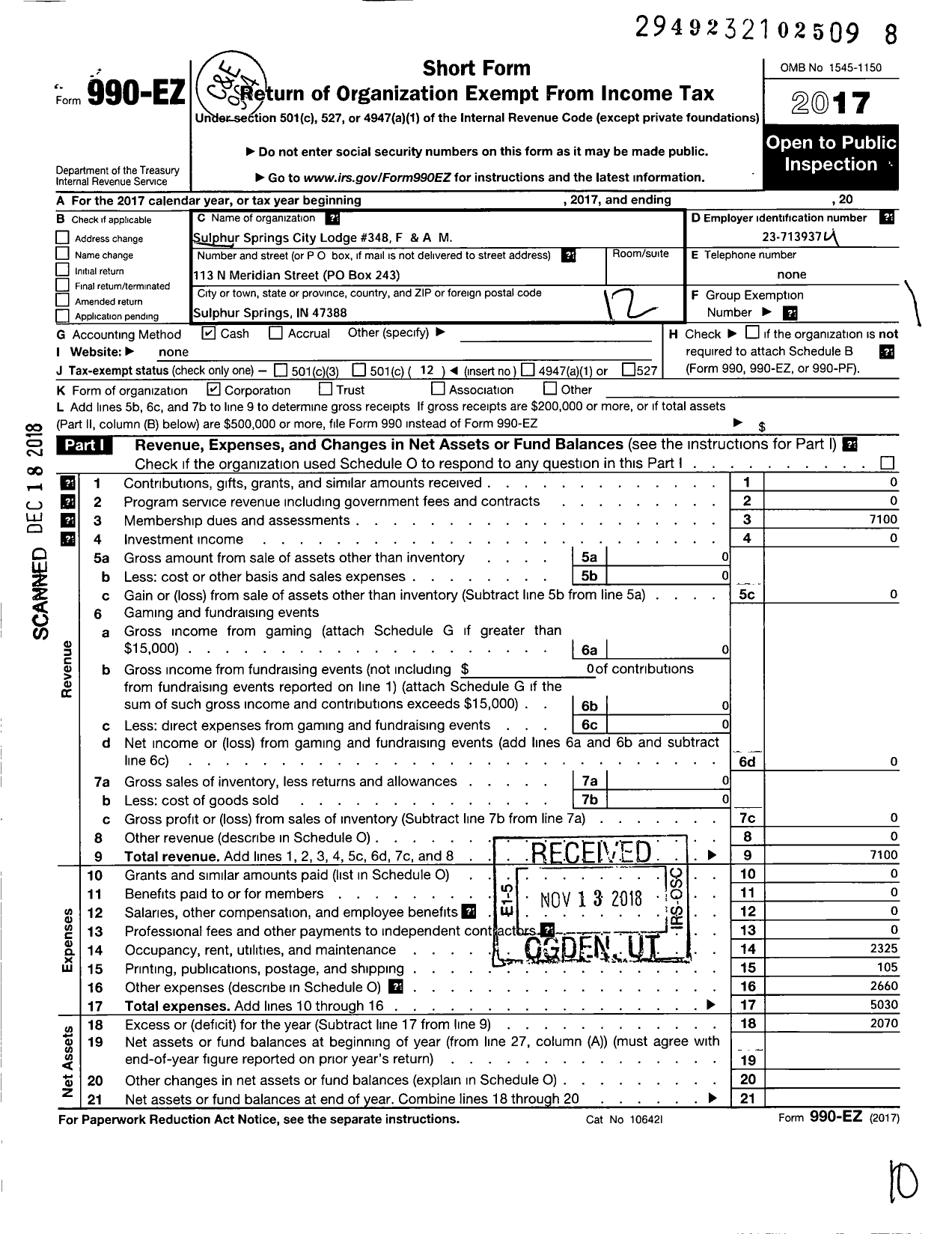 Image of first page of 2017 Form 990EO for Free & Accepted Masons of Indiana - 348 Sulphur SPGS City Lodge