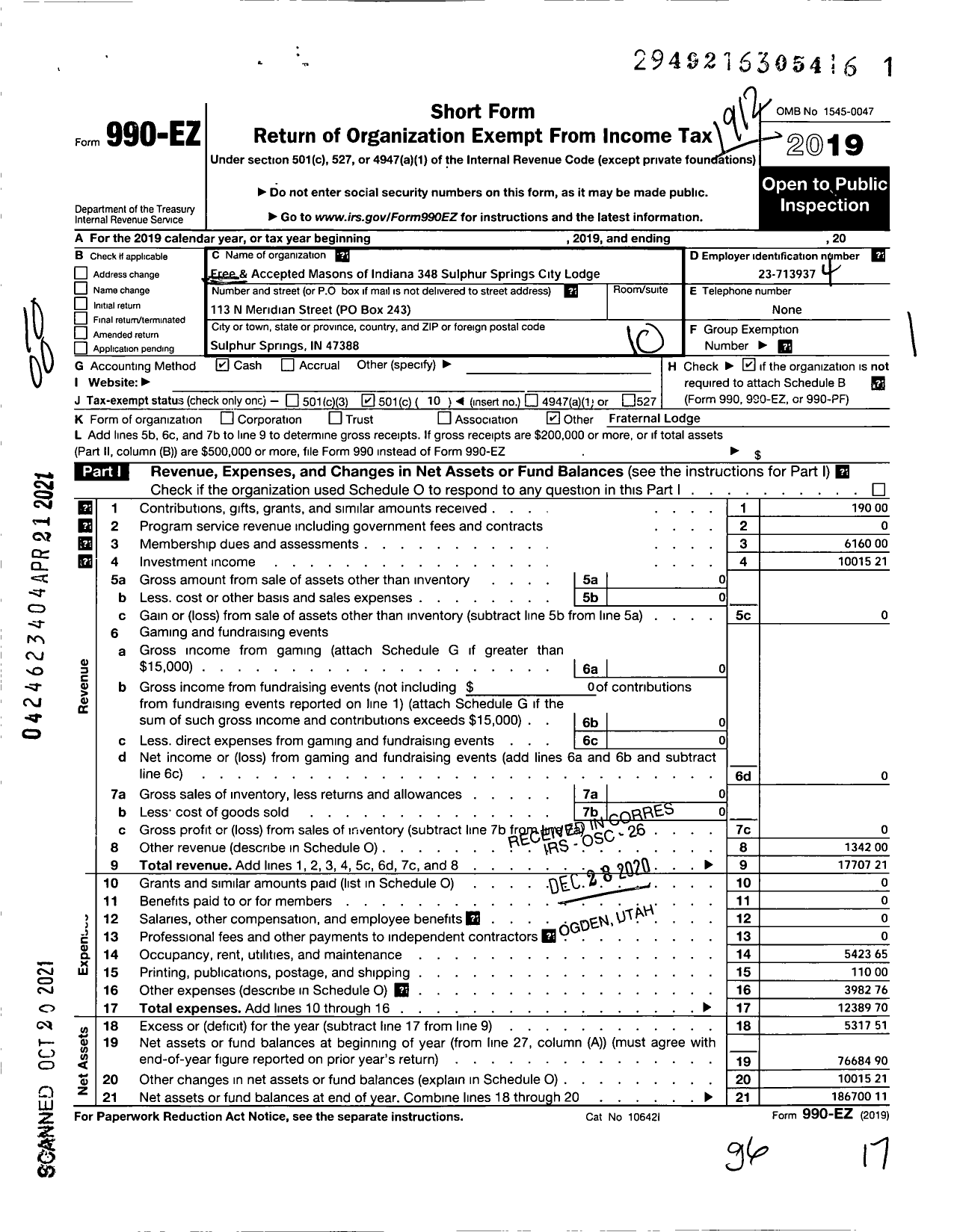 Image of first page of 2019 Form 990EO for Free & Accepted Masons of Indiana - 348 Sulphur SPGS City Lodge