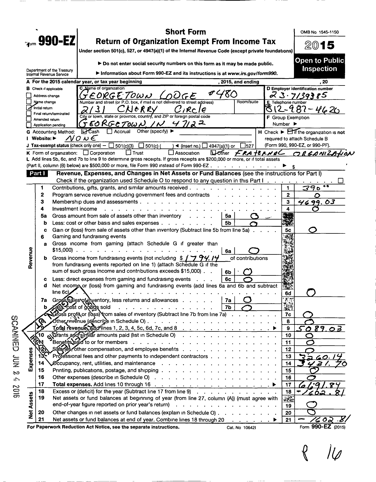 Image of first page of 2015 Form 990EO for Free & Accepted Masons of Indiana - 480 Georgetown Lodge