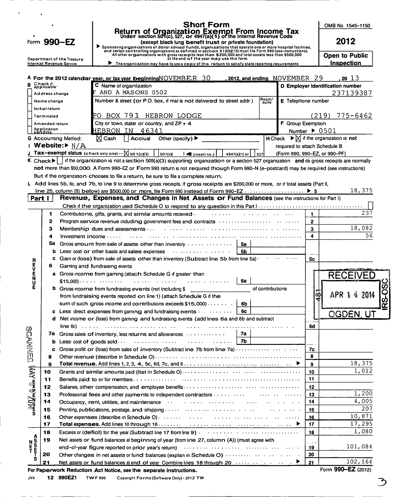 Image of first page of 2012 Form 990EZ for Free & Accepted Masons of Indiana - 502 Hebron Lodge