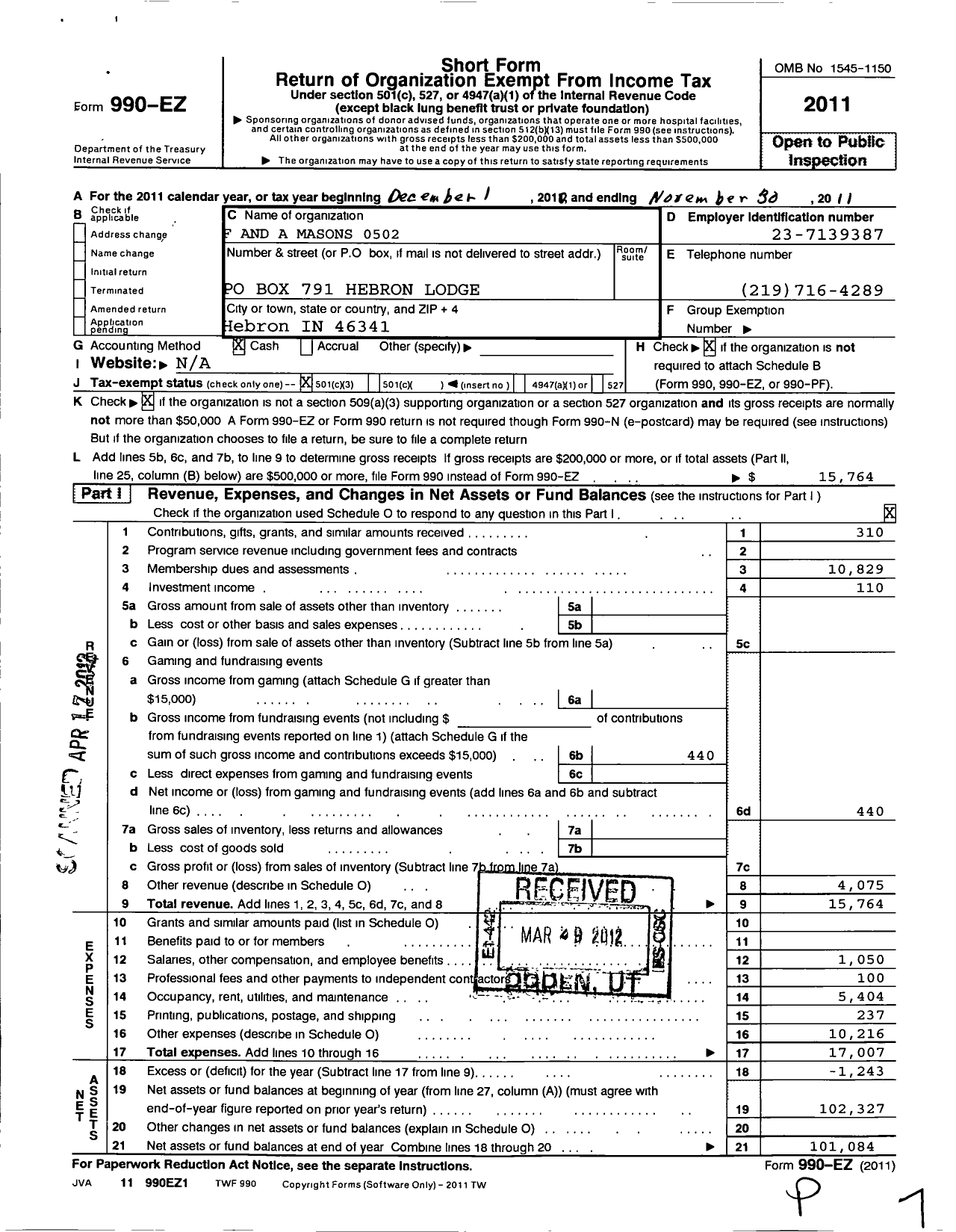 Image of first page of 2010 Form 990EZ for Free & Accepted Masons of Indiana - 502 Hebron Lodge