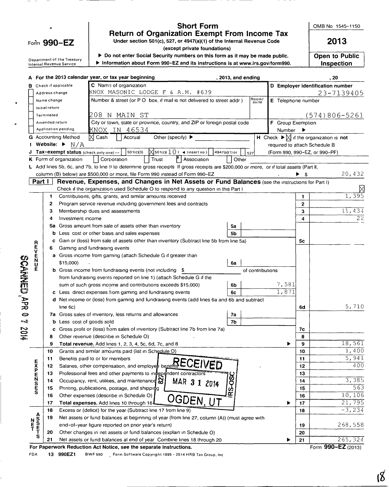 Image of first page of 2013 Form 990EO for Free & Accepted Masons of Indiana - 639 Knox Lodge