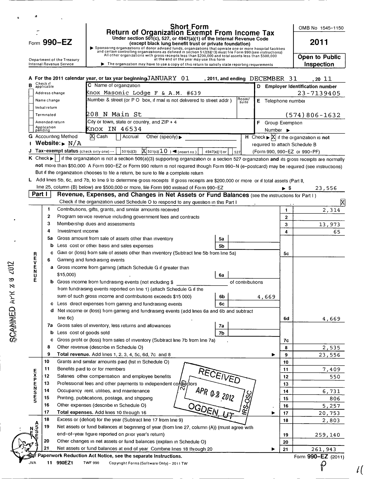 Image of first page of 2011 Form 990EO for Free & Accepted Masons of Indiana - 639 Knox Lodge