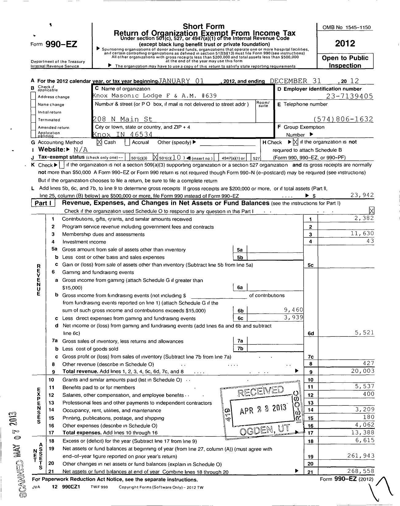 Image of first page of 2012 Form 990EO for Free & Accepted Masons of Indiana - 639 Knox Lodge