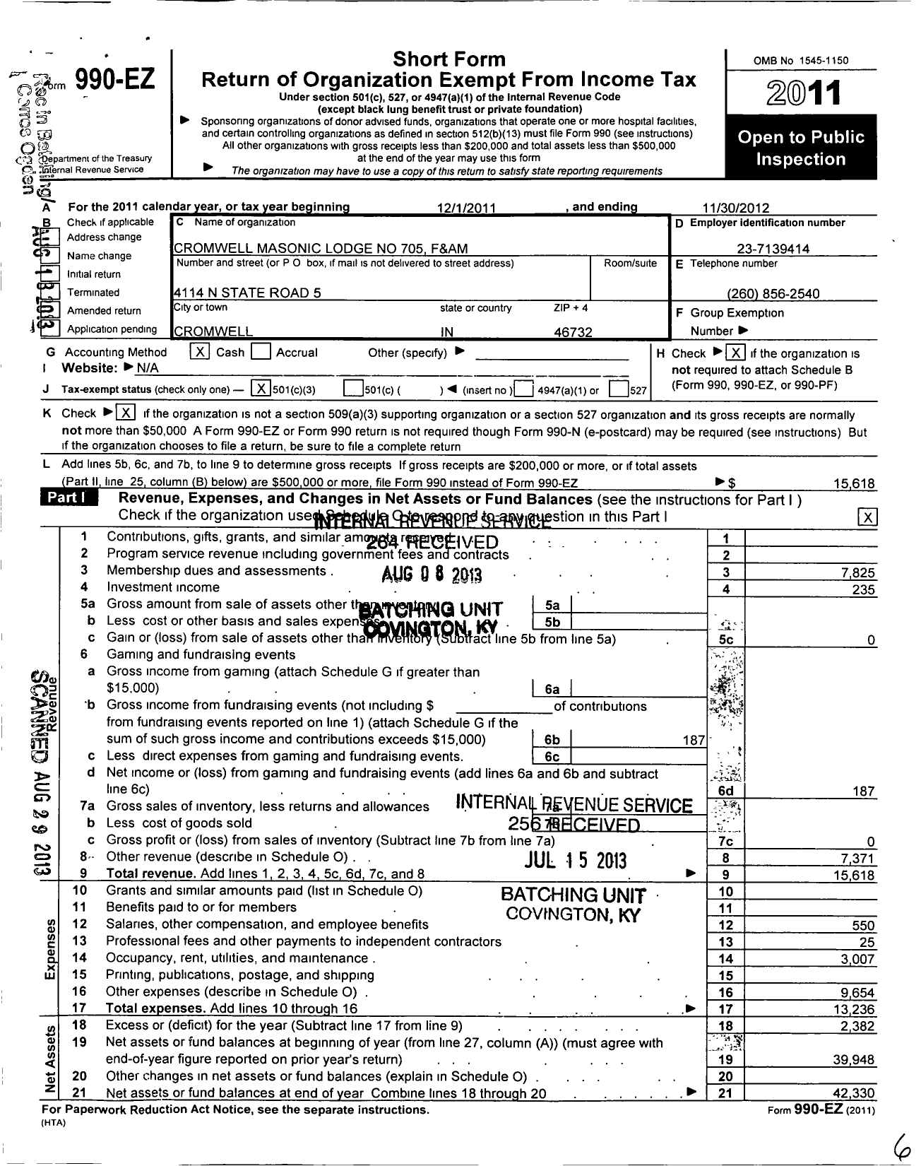 Image of first page of 2011 Form 990EZ for Free & Accepted Masons of Indiana - 705 Cromwell Lodge