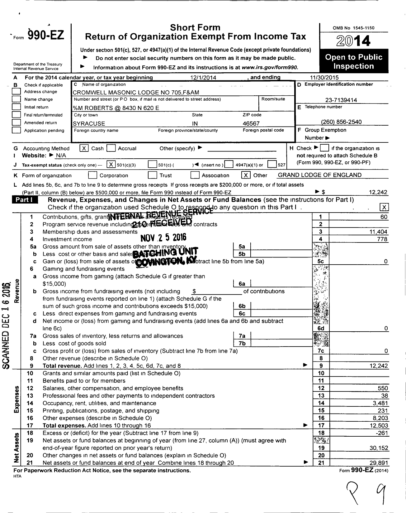 Image of first page of 2014 Form 990EZ for Free & Accepted Masons of Indiana - 705 Cromwell Lodge