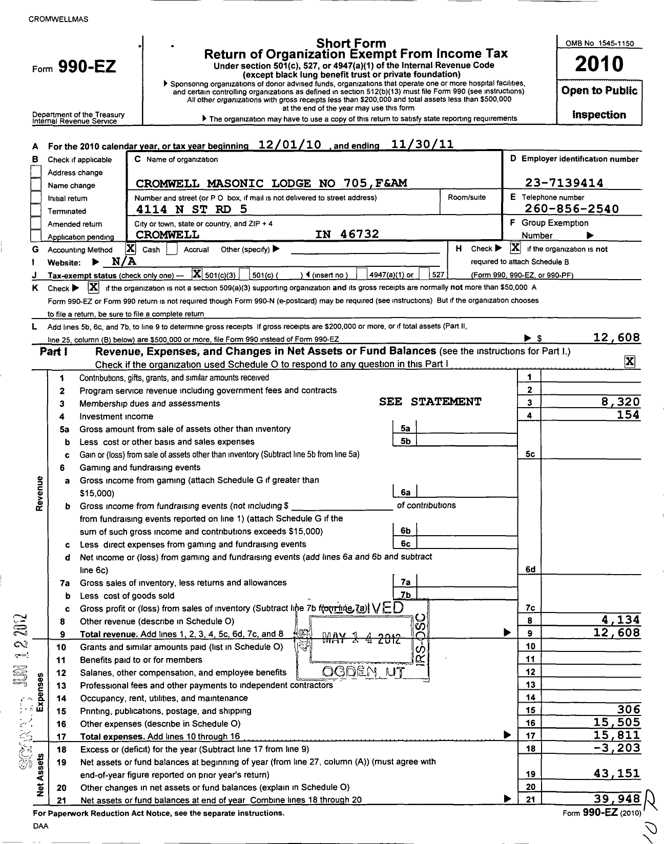 Image of first page of 2010 Form 990EZ for Free & Accepted Masons of Indiana - 705 Cromwell Lodge