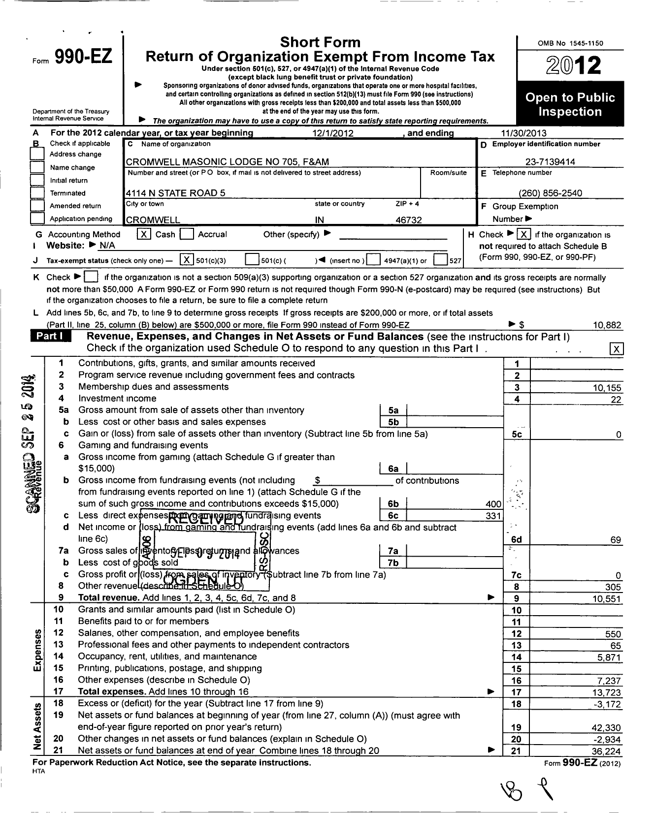 Image of first page of 2012 Form 990EZ for Free & Accepted Masons of Indiana - 705 Cromwell Lodge