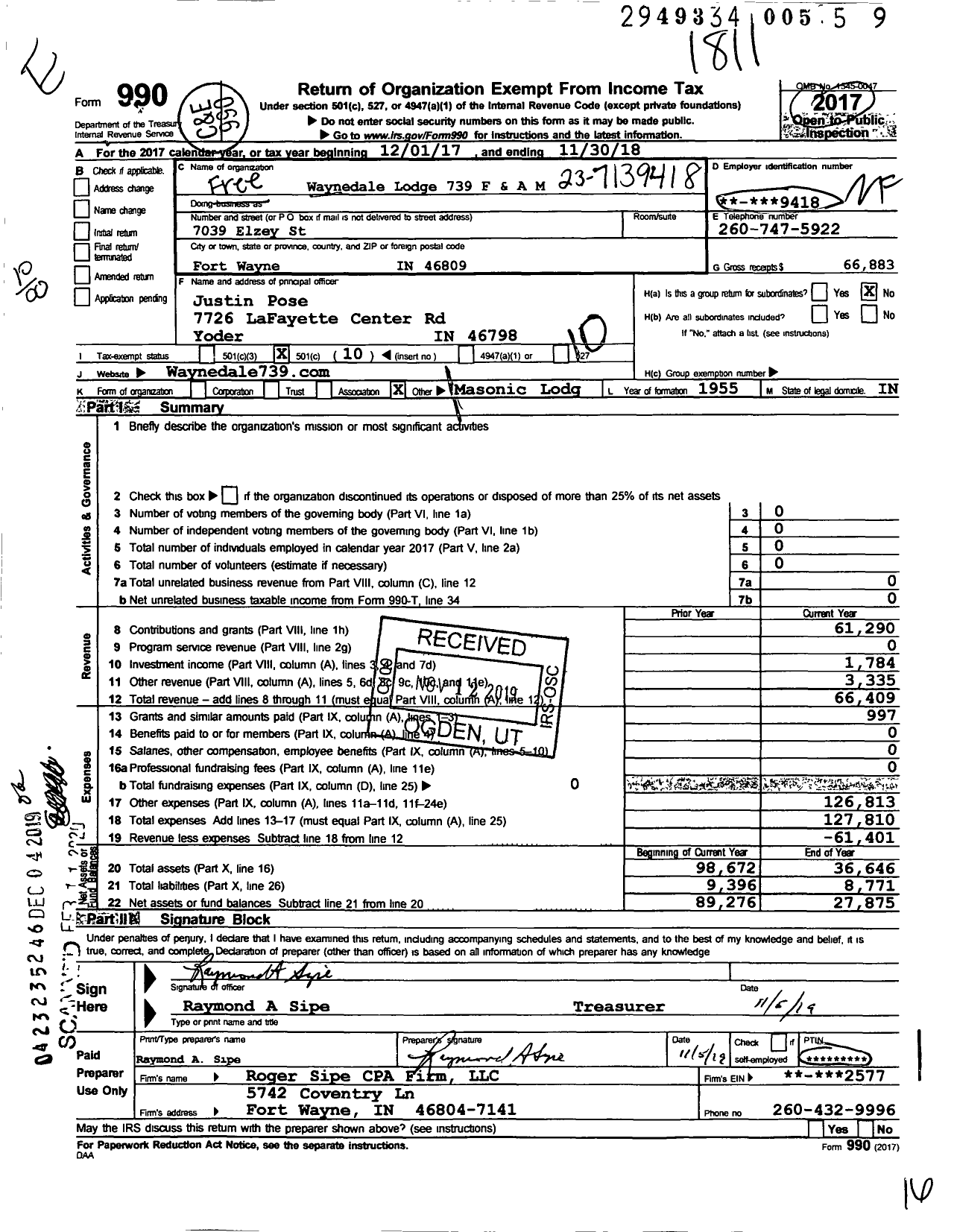 Image of first page of 2017 Form 990O for Free & Accepted Masons of Indiana - 739 Waynedale Masonic Lodge