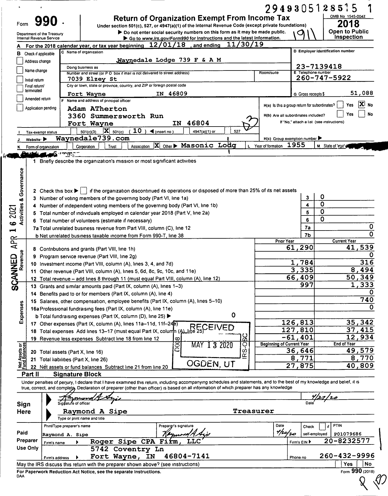 Image of first page of 2018 Form 990 for Free & Accepted Masons of Indiana - 739 Waynedale Masonic Lodge