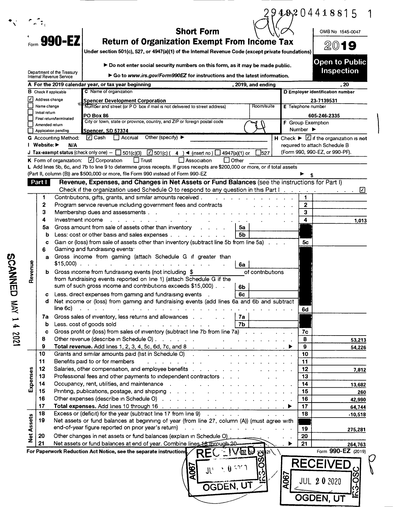 Image of first page of 2019 Form 990EO for Spencer Development Corporation