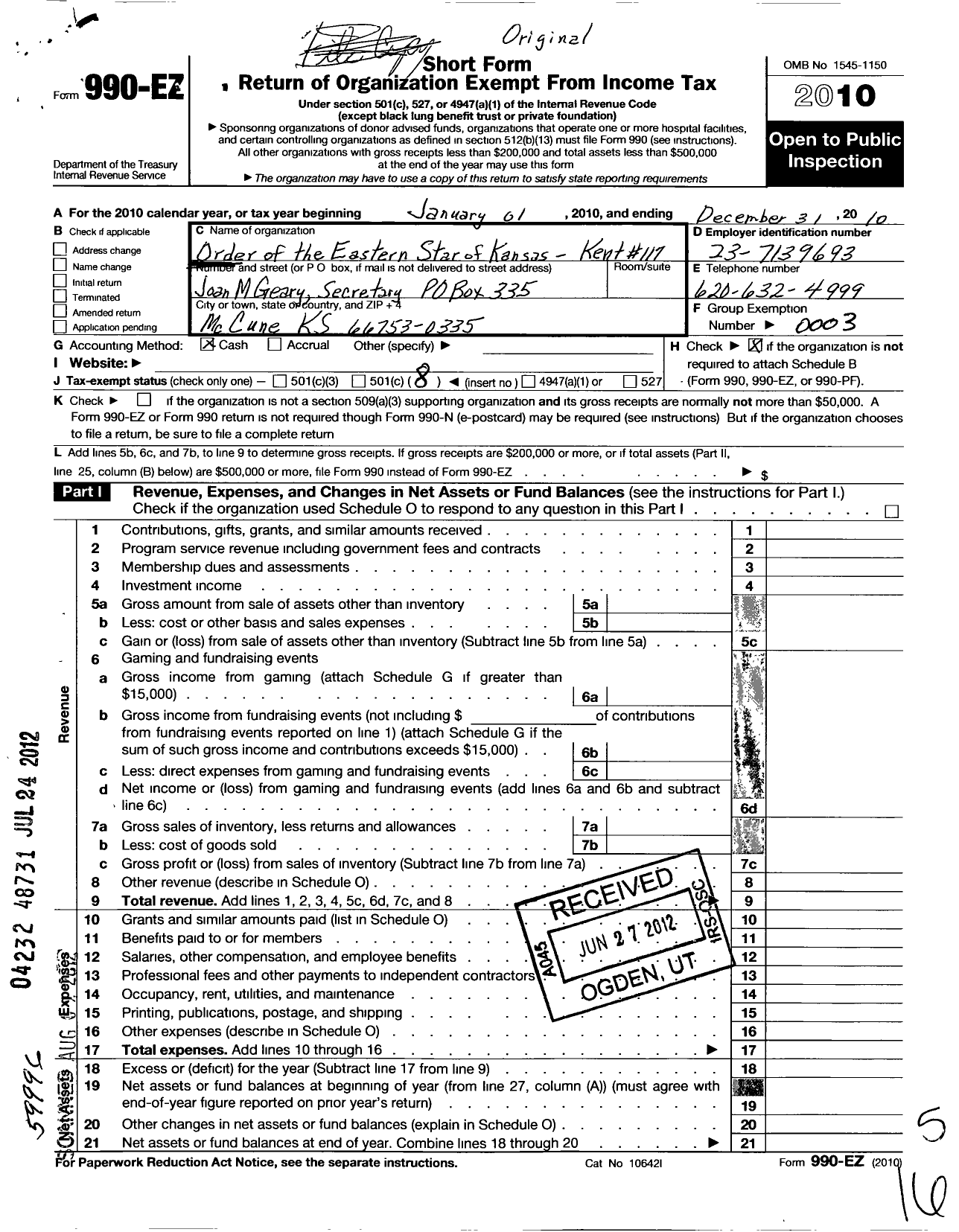 Image of first page of 2010 Form 990EO for Order of the Eastern Star of Kansas - 117 Kent