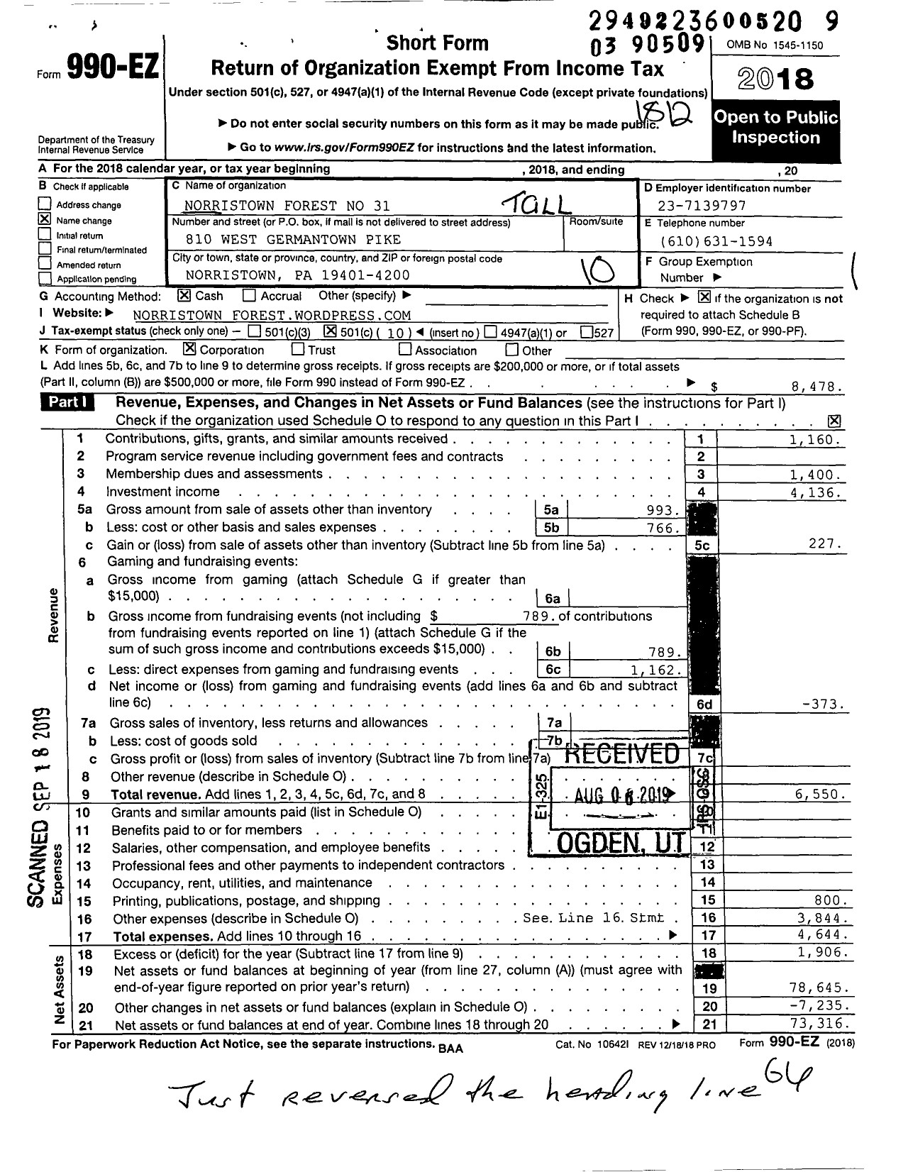 Image of first page of 2018 Form 990EO for Tall Cedars of Lebanon of North America - Norristown Forest No 31