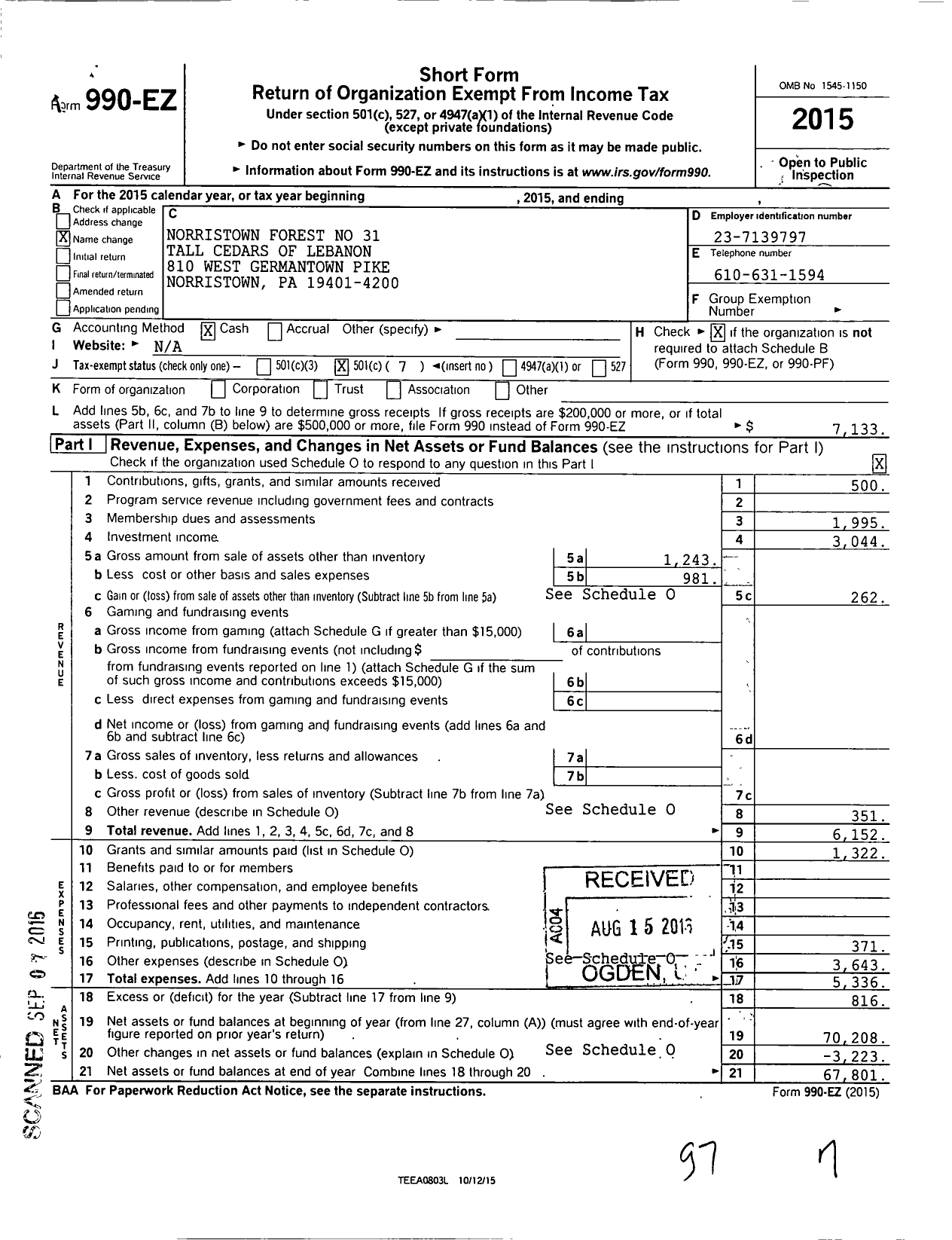 Image of first page of 2015 Form 990EO for Tall Cedars of Lebanon of North America - Norristown Forest No 31