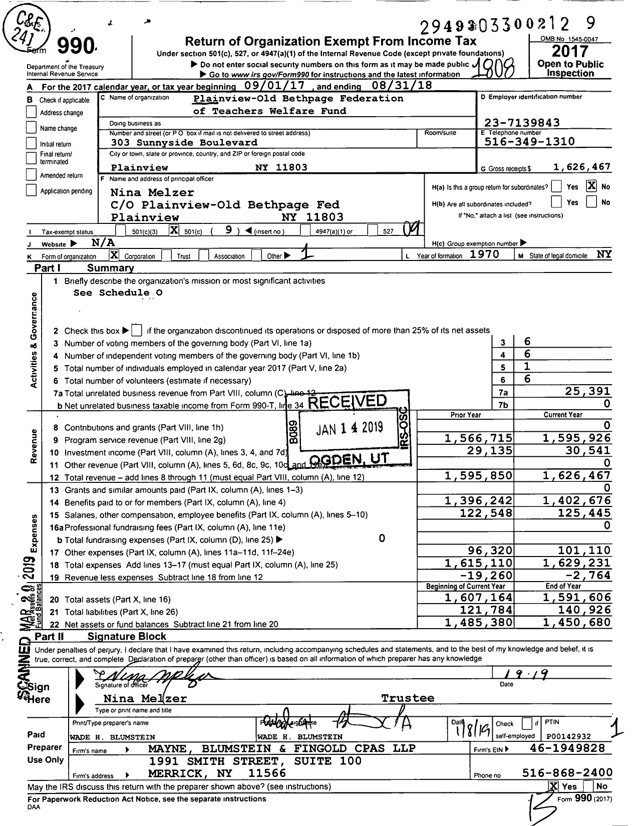 Image of first page of 2017 Form 990O for Plainview-Old Bethpage Federation of Teachers Welfare Fund