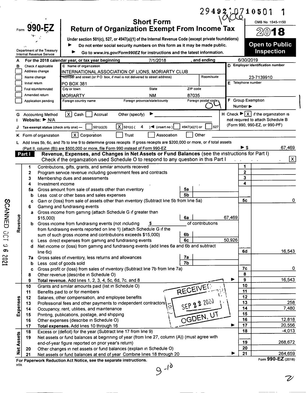 Image of first page of 2018 Form 990EO for Lions Clubs - 13537 Moriarty