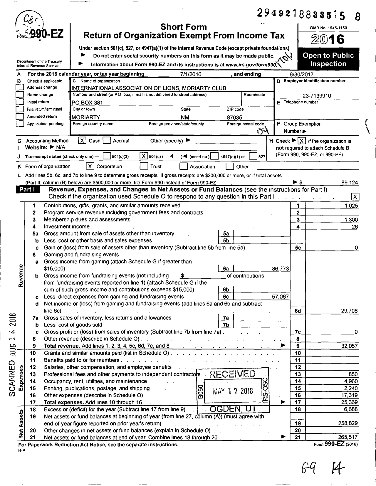 Image of first page of 2016 Form 990EO for Lions Clubs - 13537 Moriarty