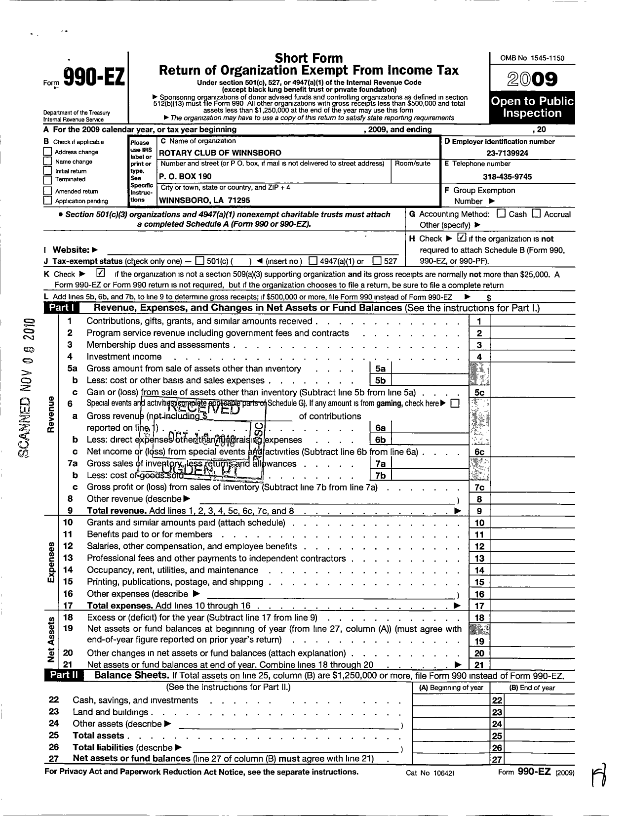 Image of first page of 2009 Form 990EO for Rotary International - Winnsboro