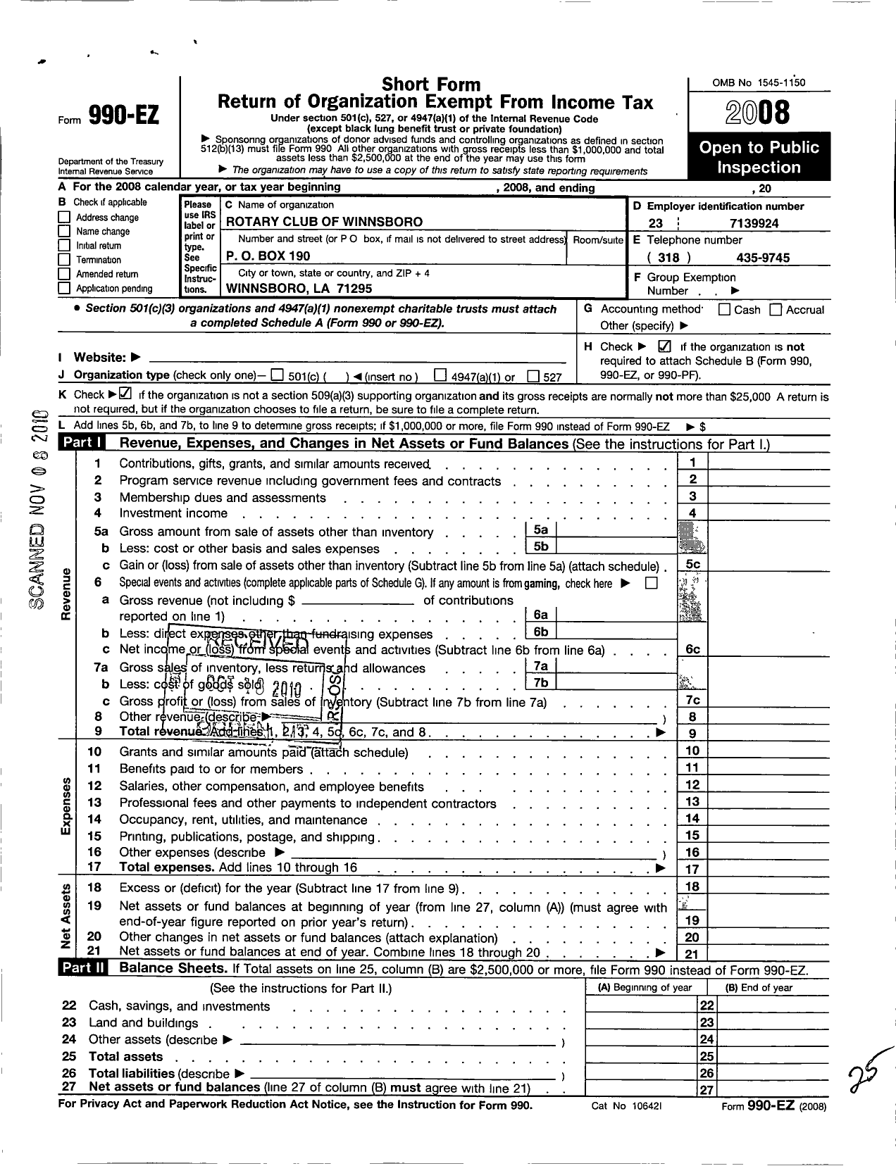 Image of first page of 2008 Form 990EO for Rotary International - Winnsboro