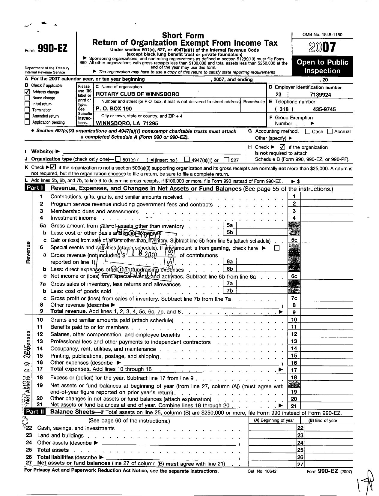 Image of first page of 2007 Form 990EO for Rotary International - Winnsboro