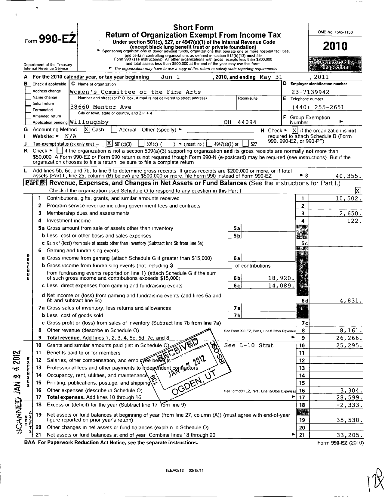 Image of first page of 2010 Form 990EZ for Womens Committee of the Fine Arts