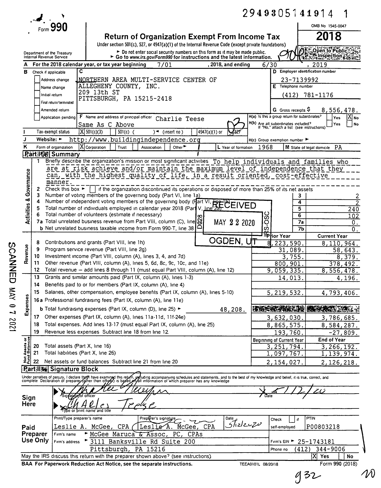 Image of first page of 2018 Form 990 for Northern Area Multi Service Center (NAMS)