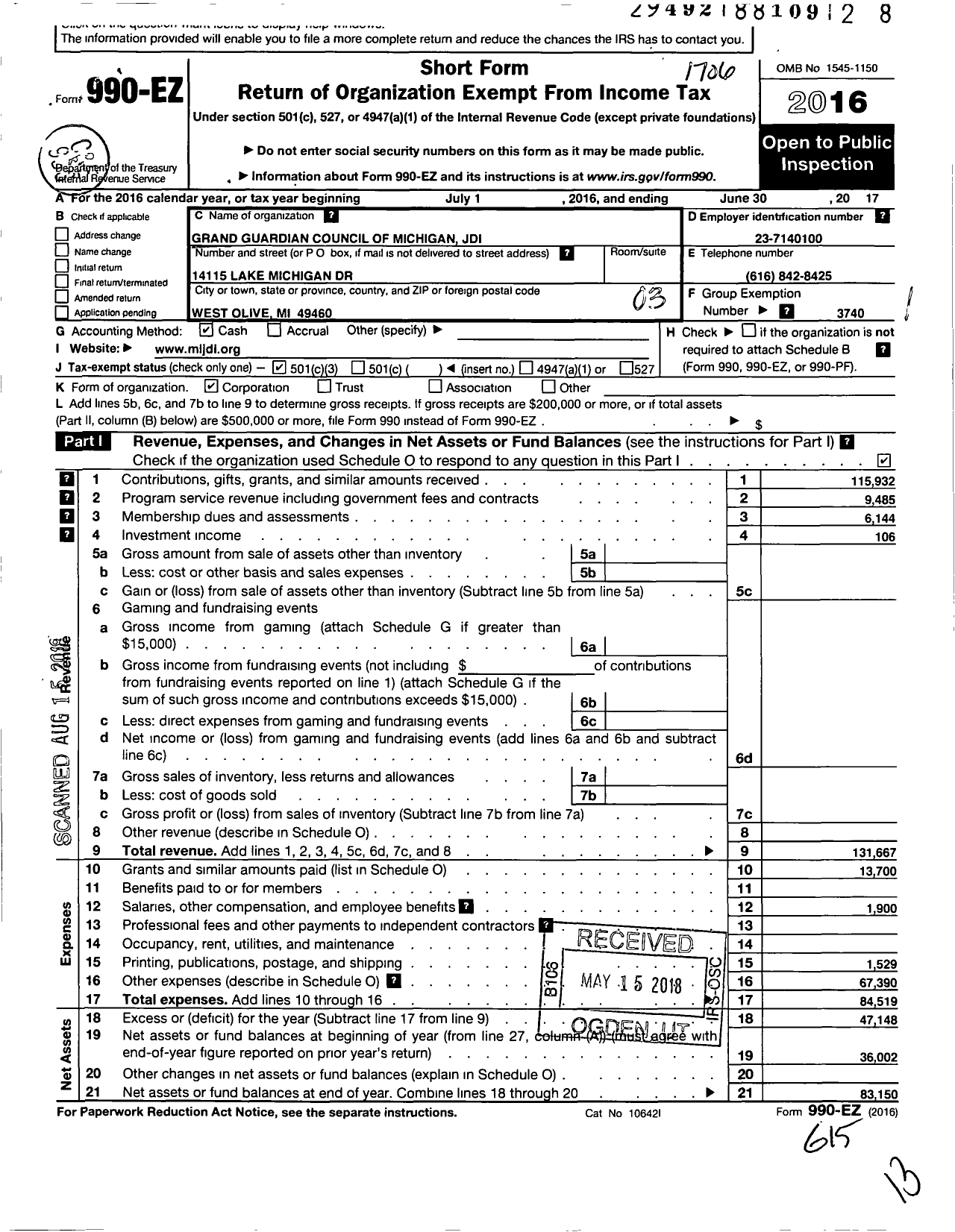 Image of first page of 2016 Form 990EZ for Grand Guardian Council of Michigan Jdi