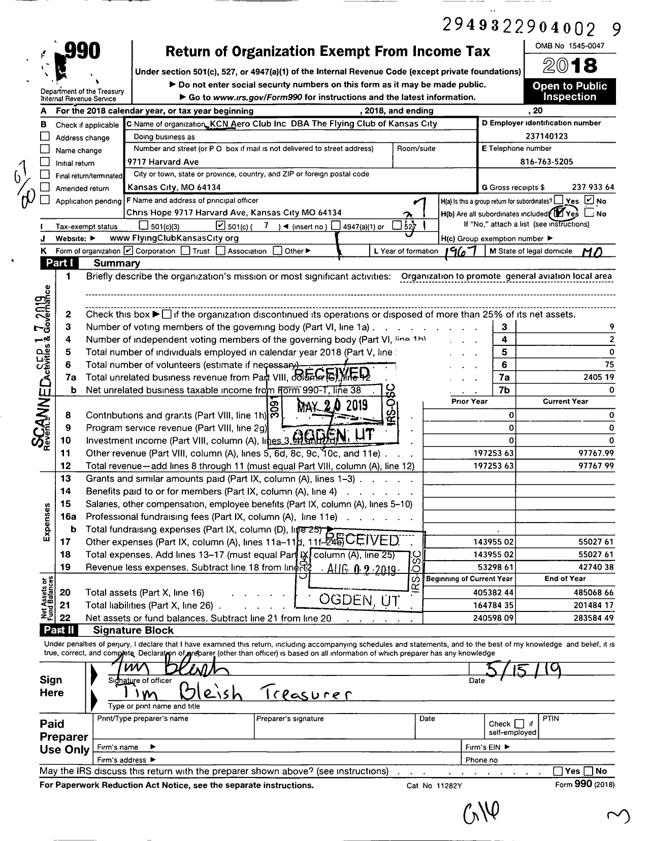 Image of first page of 2018 Form 990O for Flying Club of Kansas City