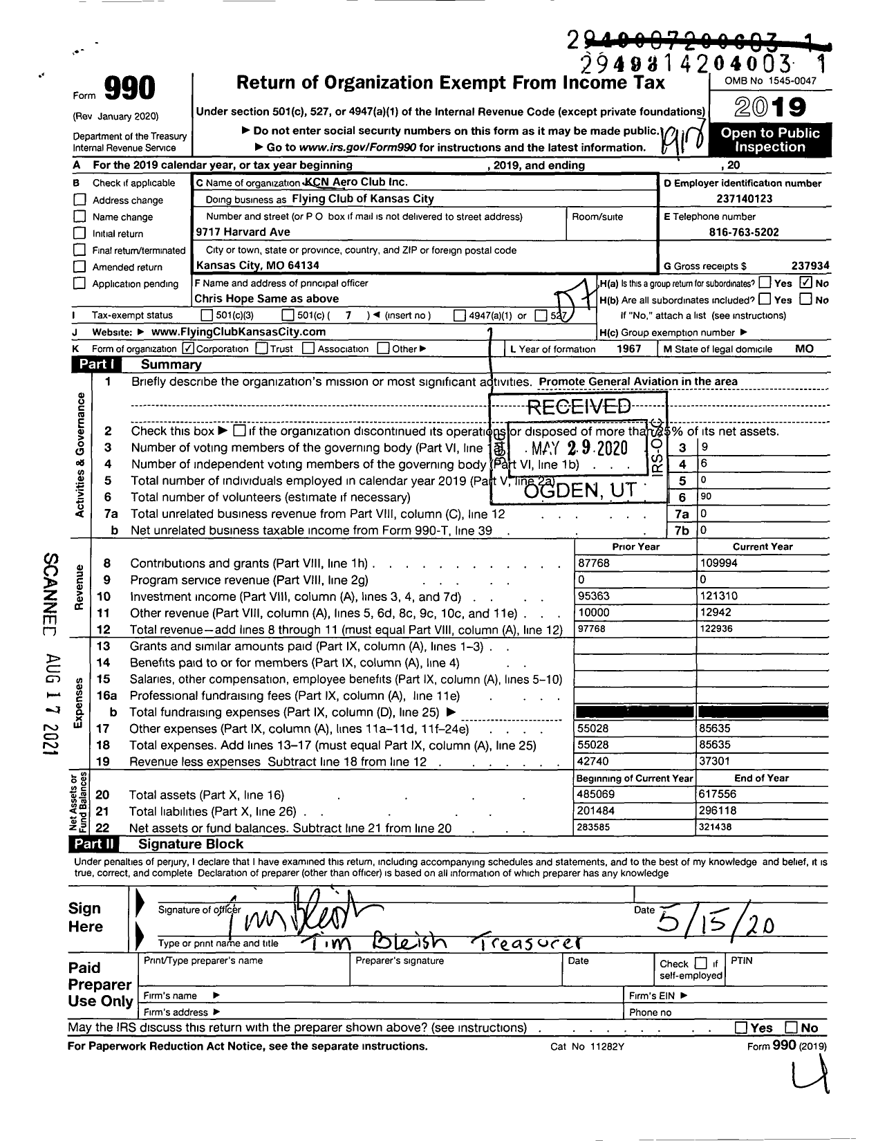 Image of first page of 2019 Form 990O for Flying Club of Kansas City