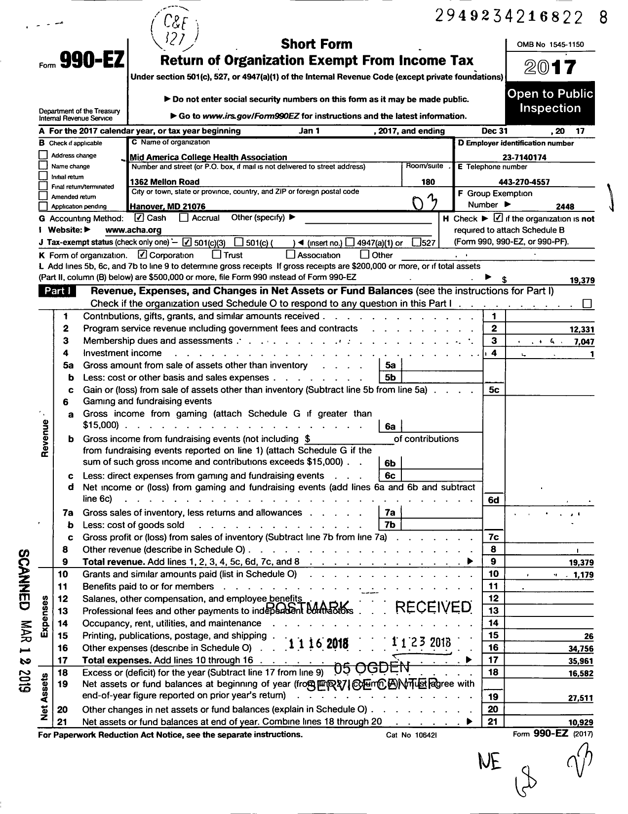 Image of first page of 2017 Form 990EZ for Mid America College Health Association