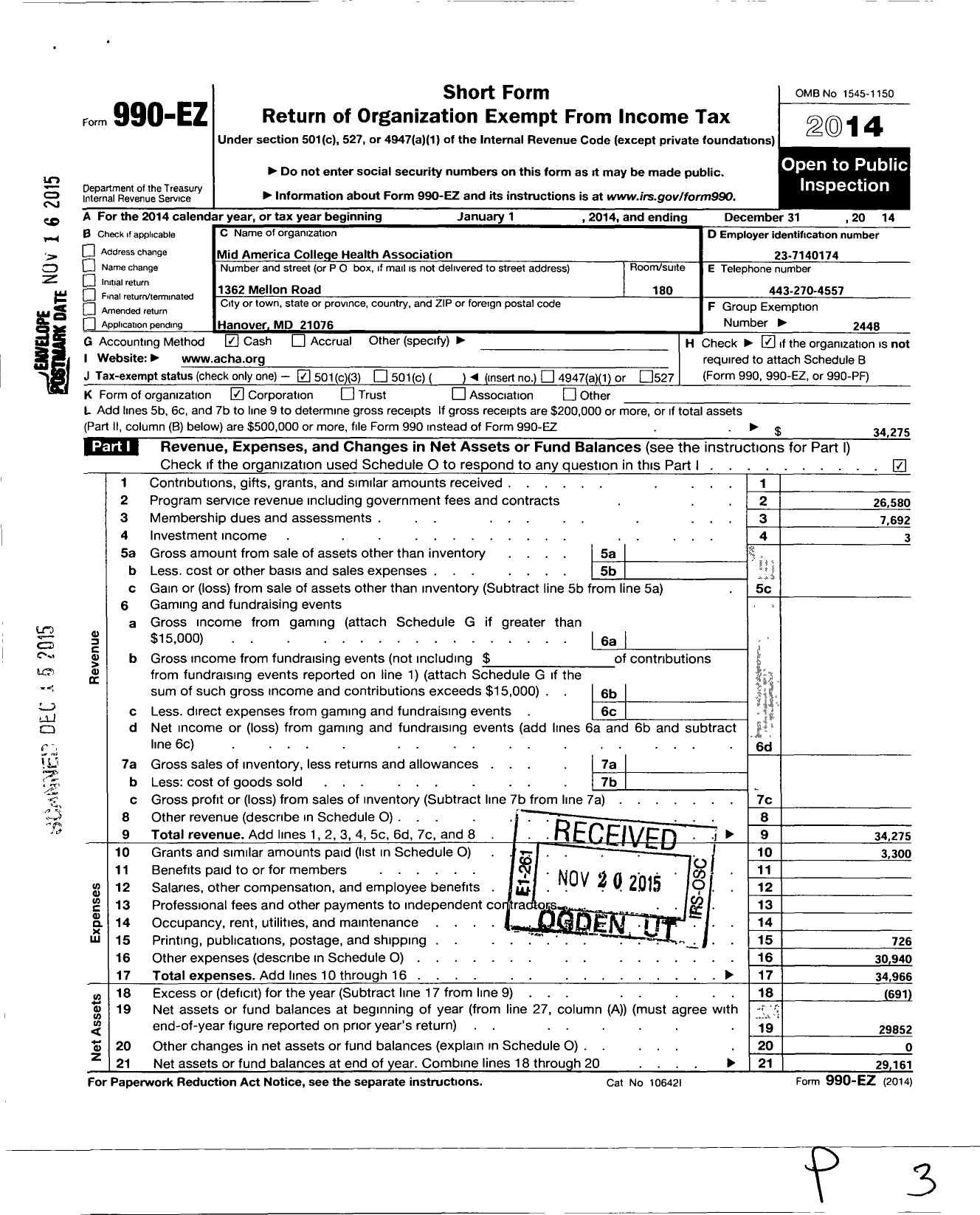 Image of first page of 2014 Form 990EZ for Mid America College Health Association