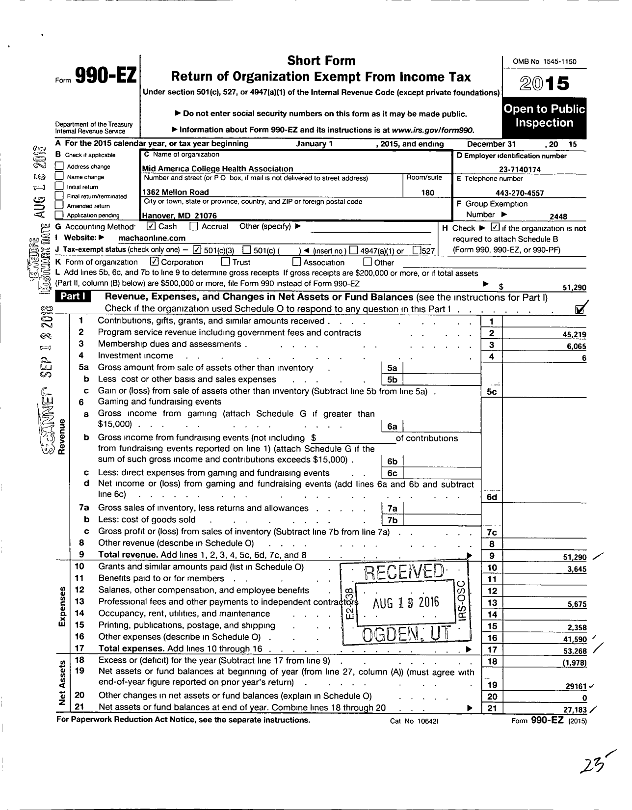 Image of first page of 2015 Form 990EZ for Mid America College Health Association