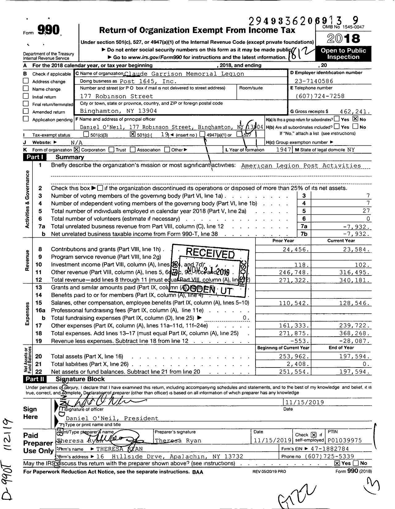 Image of first page of 2018 Form 990O for American Legion - Post 1645